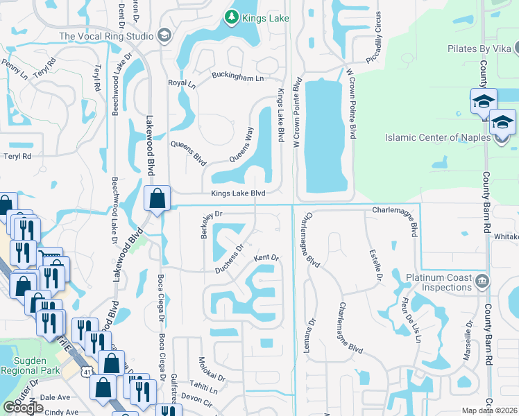 map of restaurants, bars, coffee shops, grocery stores, and more near 2437 Kings Lake Boulevard in Naples