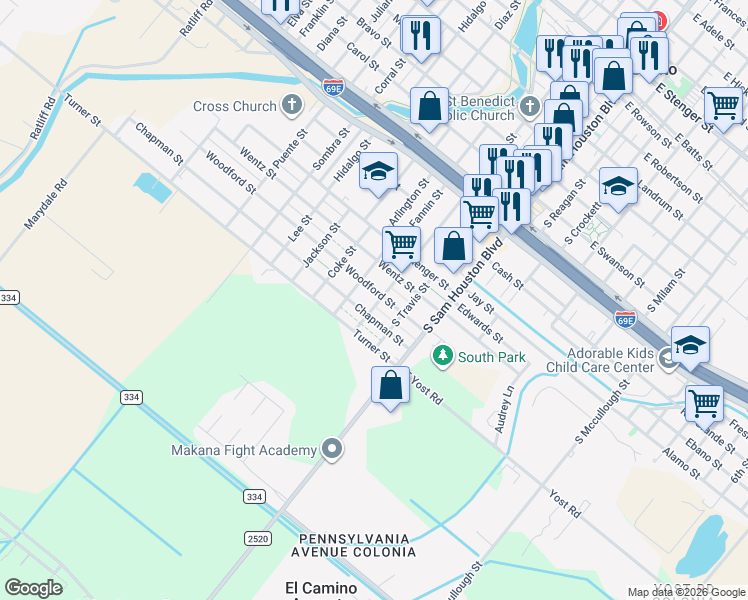 map of restaurants, bars, coffee shops, grocery stores, and more near 313-323 Woodford Street in San Benito
