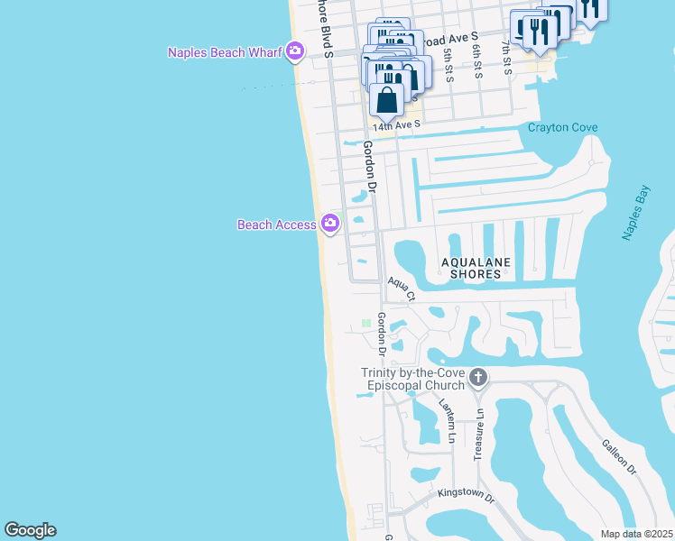 map of restaurants, bars, coffee shops, grocery stores, and more near 1911 Gulf Shore Boulevard South in Naples