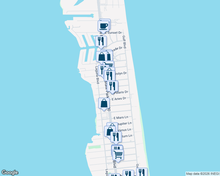 map of restaurants, bars, coffee shops, grocery stores, and more near 5200 Padre Boulevard in South Padre Island
