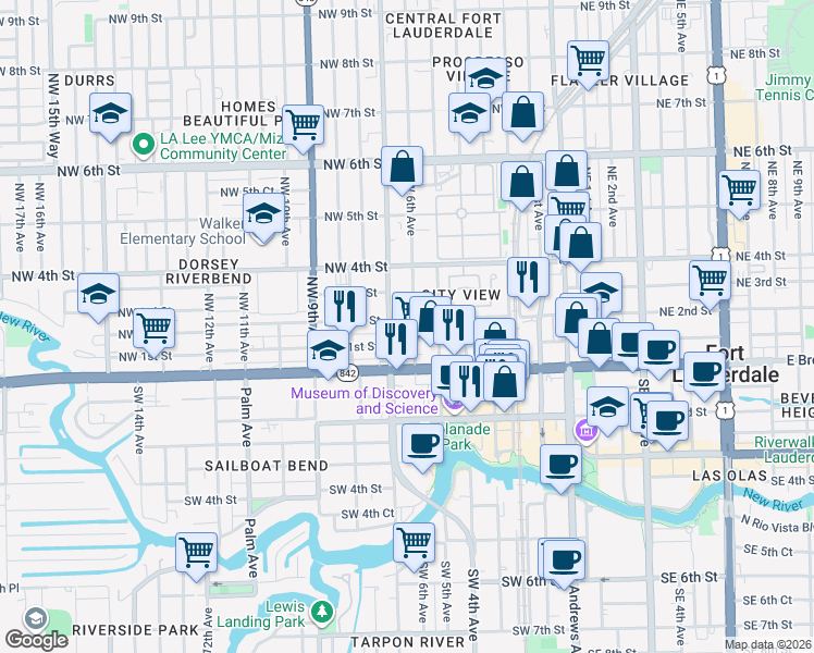 map of restaurants, bars, coffee shops, grocery stores, and more near 121 Northwest 6th Avenue in Fort Lauderdale