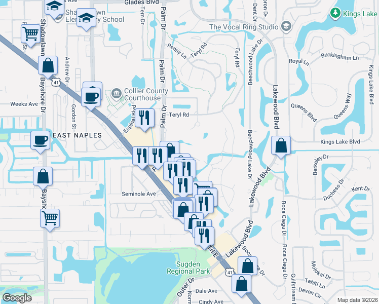 map of restaurants, bars, coffee shops, grocery stores, and more near 101 Palm Drive in Naples