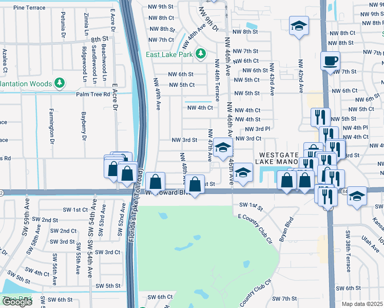 map of restaurants, bars, coffee shops, grocery stores, and more near 4791 Northwest 2nd Place in Plantation