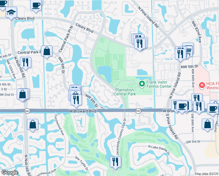 map of restaurants, bars, coffee shops, grocery stores, and more near 9307 Chelsea Drive North in Plantation