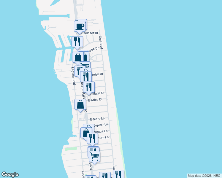 map of restaurants, bars, coffee shops, grocery stores, and more near 5206 Gulf Boulevard in South Padre Island