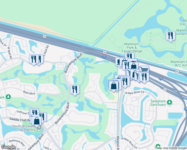map of restaurants, bars, coffee shops, grocery stores, and more near 16391 Blatt Boulevard in Weston
