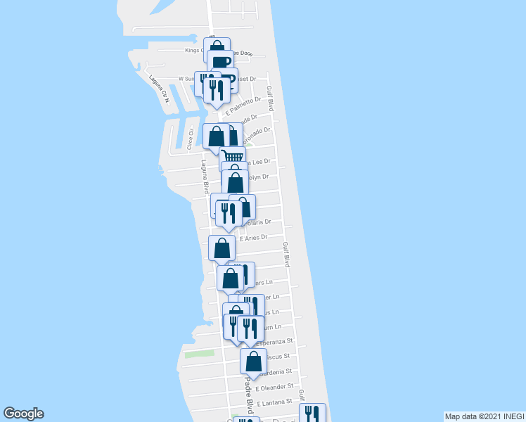map of restaurants, bars, coffee shops, grocery stores, and more near 121A East Verna Jean Drive in South Padre Island