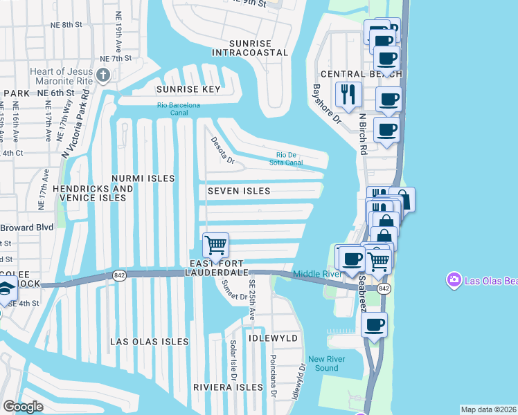 map of restaurants, bars, coffee shops, grocery stores, and more near 17 Pelican Drive in Fort Lauderdale