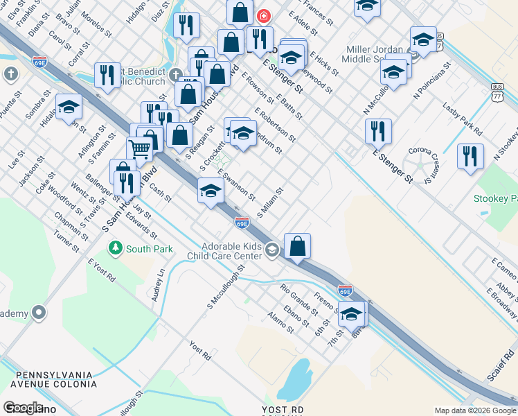 map of restaurants, bars, coffee shops, grocery stores, and more near East Swanson Street in San Benito