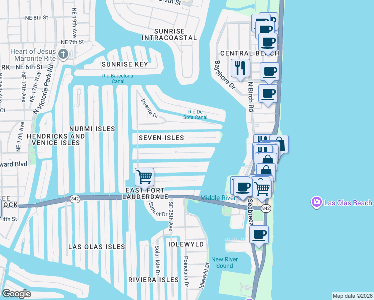 map of restaurants, bars, coffee shops, grocery stores, and more near 17 Pelican Drive in Fort Lauderdale