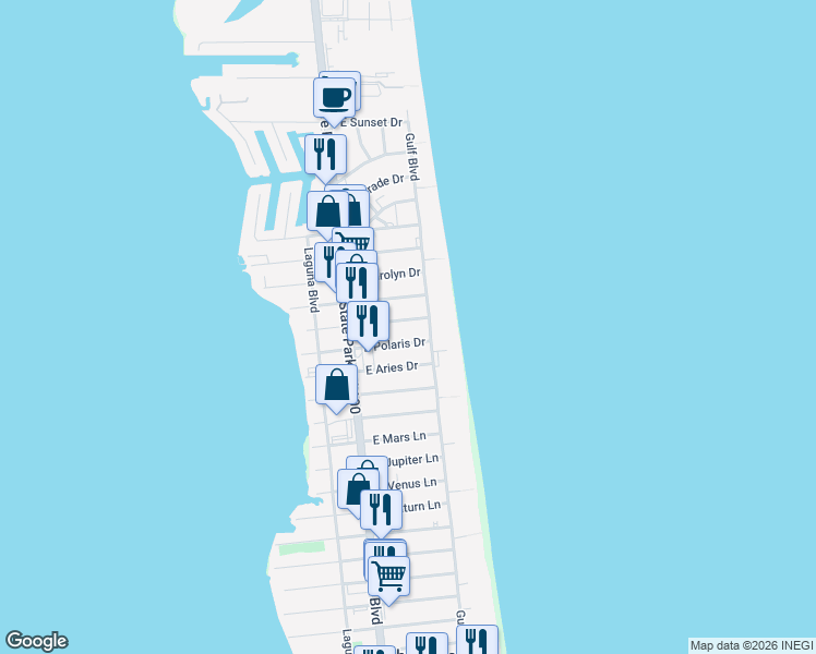 map of restaurants, bars, coffee shops, grocery stores, and more near 121A East Verna Jean Drive in South Padre Island