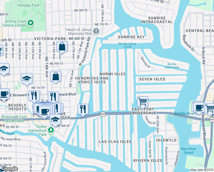 map of restaurants, bars, coffee shops, grocery stores, and more near 93 Isle of Venice Drive in Fort Lauderdale