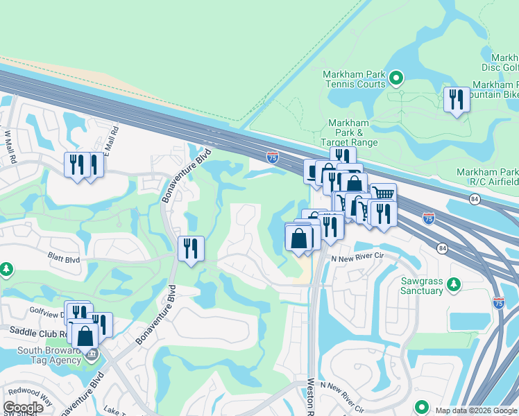 map of restaurants, bars, coffee shops, grocery stores, and more near 16051 Blatt Boulevard in Weston