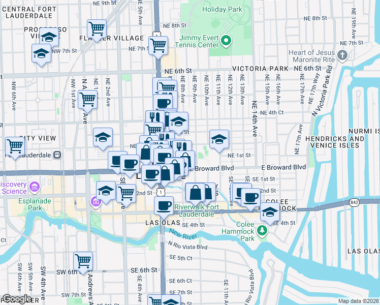 map of restaurants, bars, coffee shops, grocery stores, and more near 17 Northeast 9th Avenue in Fort Lauderdale