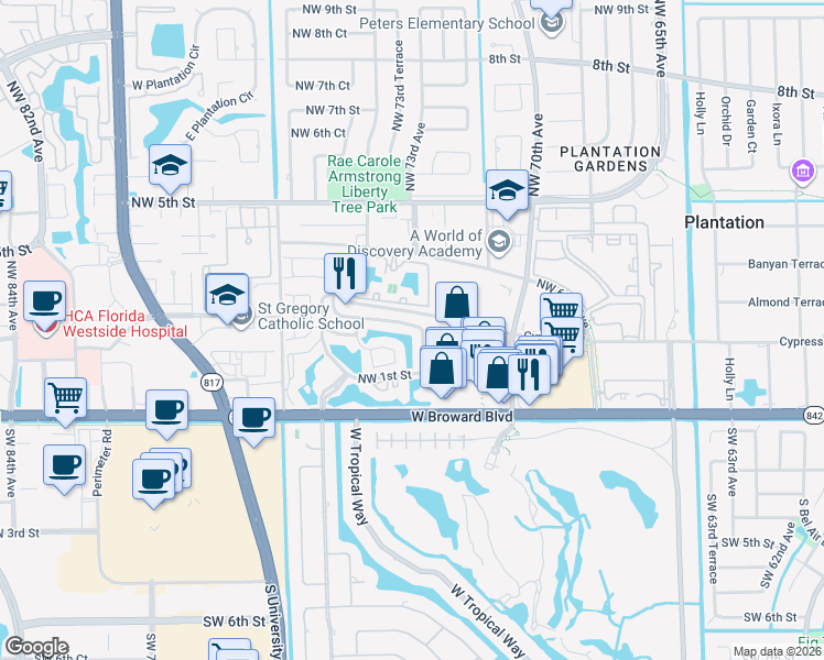 map of restaurants, bars, coffee shops, grocery stores, and more near 7246 Northwest 1st Manor in Plantation