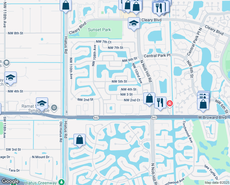 map of restaurants, bars, coffee shops, grocery stores, and more near 10625 Northwest 3rd Street in Plantation