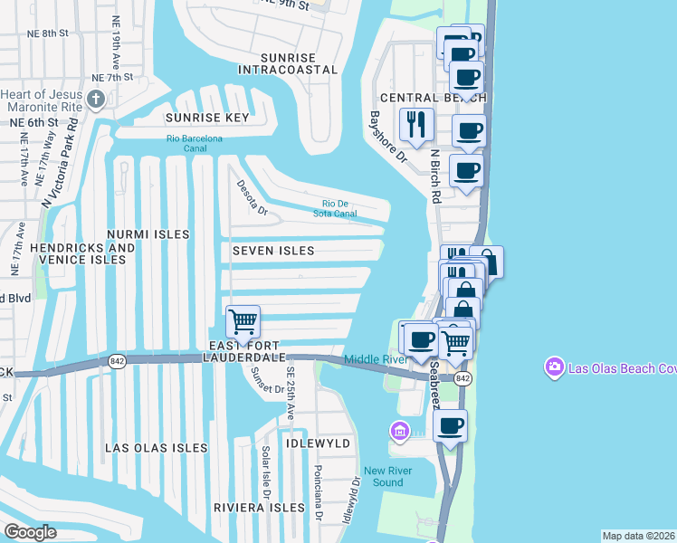 map of restaurants, bars, coffee shops, grocery stores, and more near 7 Pelican Drive in Fort Lauderdale