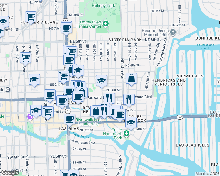 map of restaurants, bars, coffee shops, grocery stores, and more near 115 Northeast 12th Avenue in Fort Lauderdale