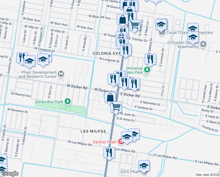 map of restaurants, bars, coffee shops, grocery stores, and more near 128 West Dicker Road in Pharr