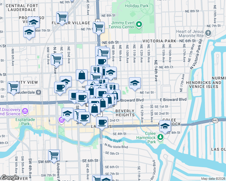 map of restaurants, bars, coffee shops, grocery stores, and more near 706 Northeast 2nd Street in Fort Lauderdale