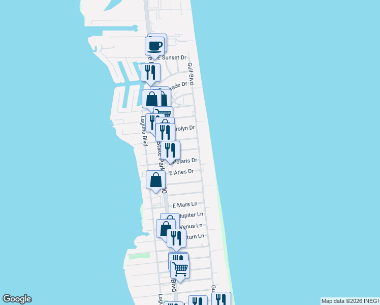 map of restaurants, bars, coffee shops, grocery stores, and more near 121A East Verna Jean Drive in South Padre Island