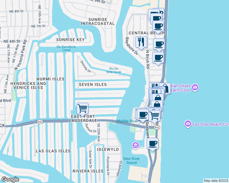 map of restaurants, bars, coffee shops, grocery stores, and more near 7 Pelican Drive in Fort Lauderdale
