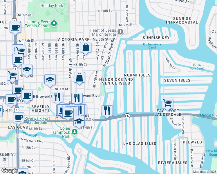 map of restaurants, bars, coffee shops, grocery stores, and more near 1737 Northeast 1st Street in Fort Lauderdale