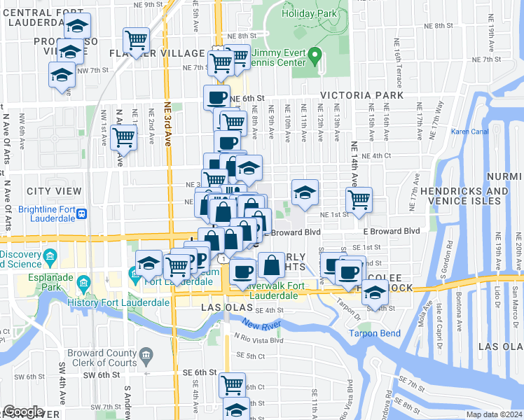 map of restaurants, bars, coffee shops, grocery stores, and more near 17 Northeast 9th Avenue in Fort Lauderdale