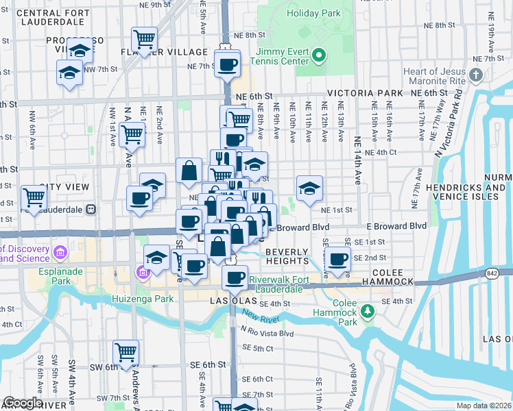 map of restaurants, bars, coffee shops, grocery stores, and more near 706 Northeast 2nd Street in Fort Lauderdale