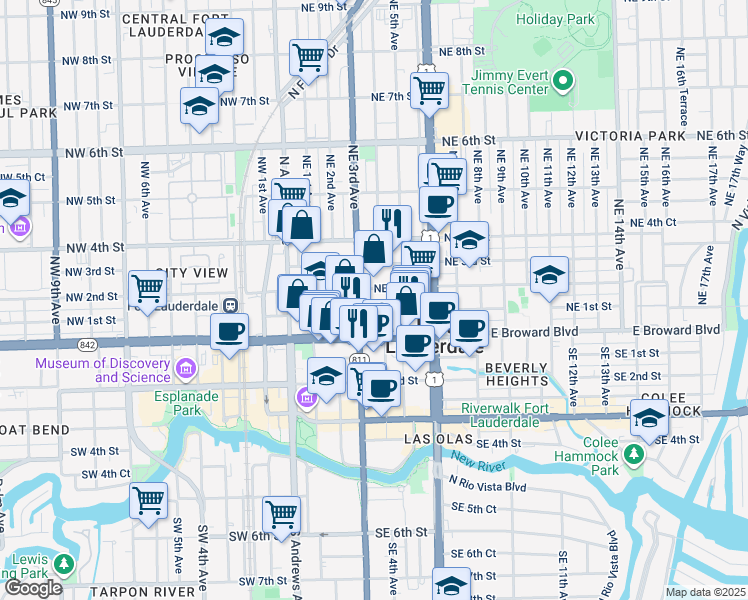 map of restaurants, bars, coffee shops, grocery stores, and more near 115 Northeast 3rd Avenue in Fort Lauderdale