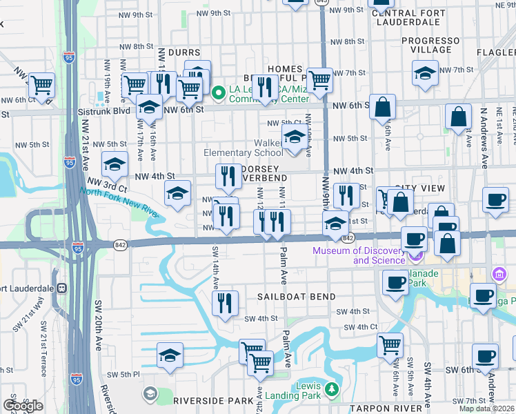 map of restaurants, bars, coffee shops, grocery stores, and more near 1216 Northwest 3rd Street in Fort Lauderdale