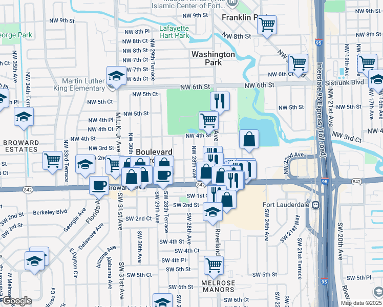 map of restaurants, bars, coffee shops, grocery stores, and more near 205 Northwest 27th Terrace in Fort Lauderdale