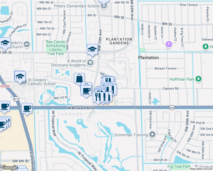 map of restaurants, bars, coffee shops, grocery stores, and more near 6919 Cypress Road in Plantation