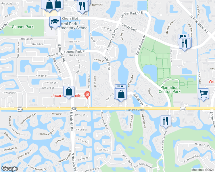 map of restaurants, bars, coffee shops, grocery stores, and more near 9804 Northwest 2nd Court in Plantation