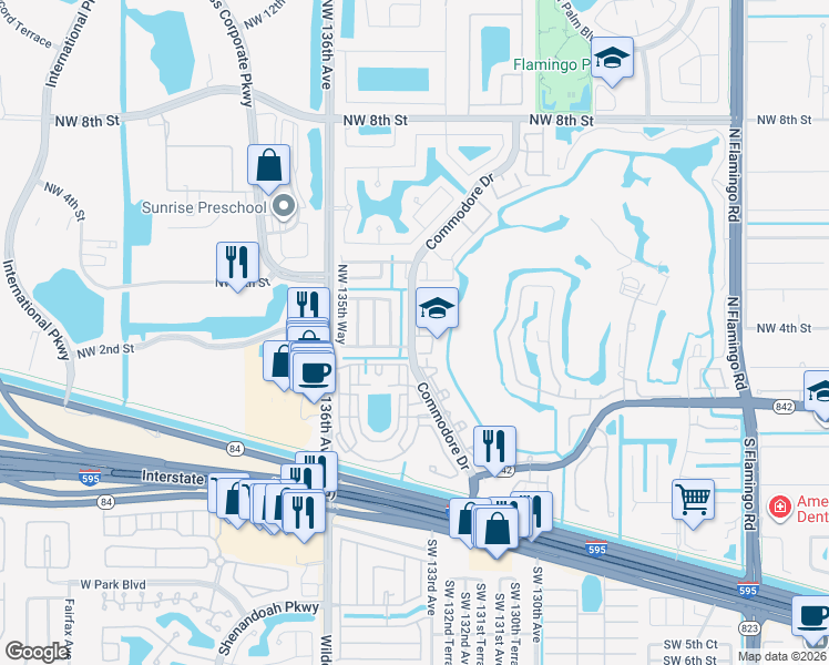 map of restaurants, bars, coffee shops, grocery stores, and more near 420 Commodore Drive in Plantation