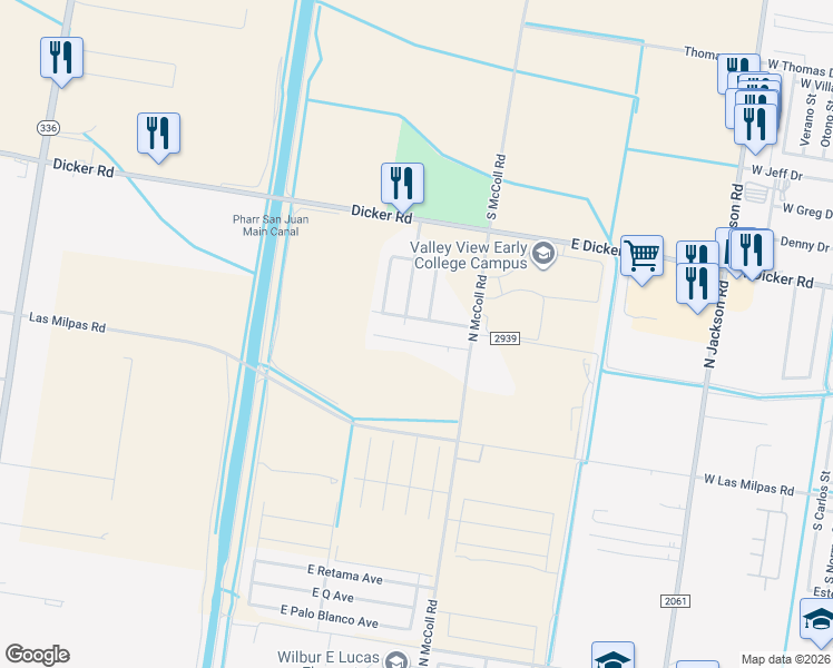 map of restaurants, bars, coffee shops, grocery stores, and more near 2508 East Graybrich Avenue in Hidalgo