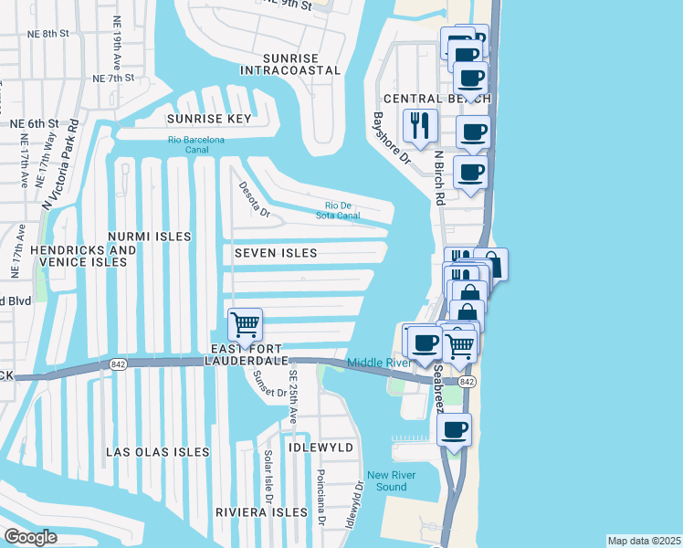 map of restaurants, bars, coffee shops, grocery stores, and more near 7 Pelican Drive in Fort Lauderdale
