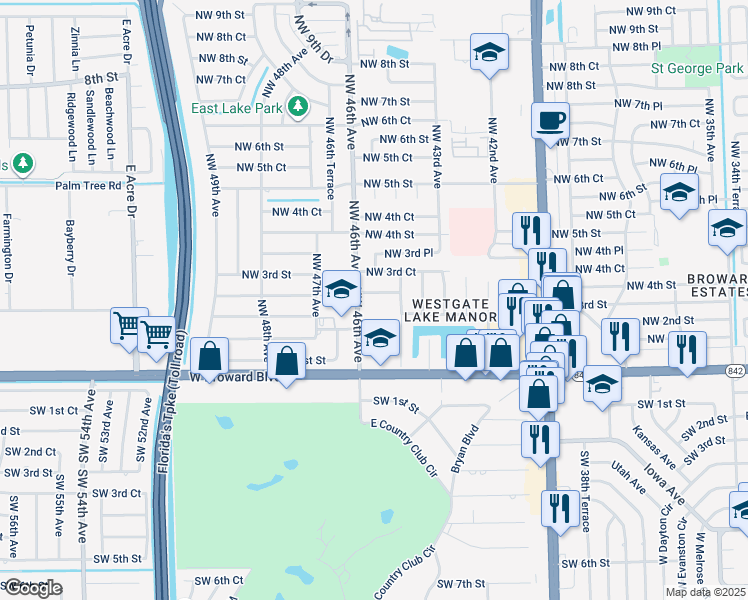 map of restaurants, bars, coffee shops, grocery stores, and more near 4548 Northwest 3rd Street in Plantation