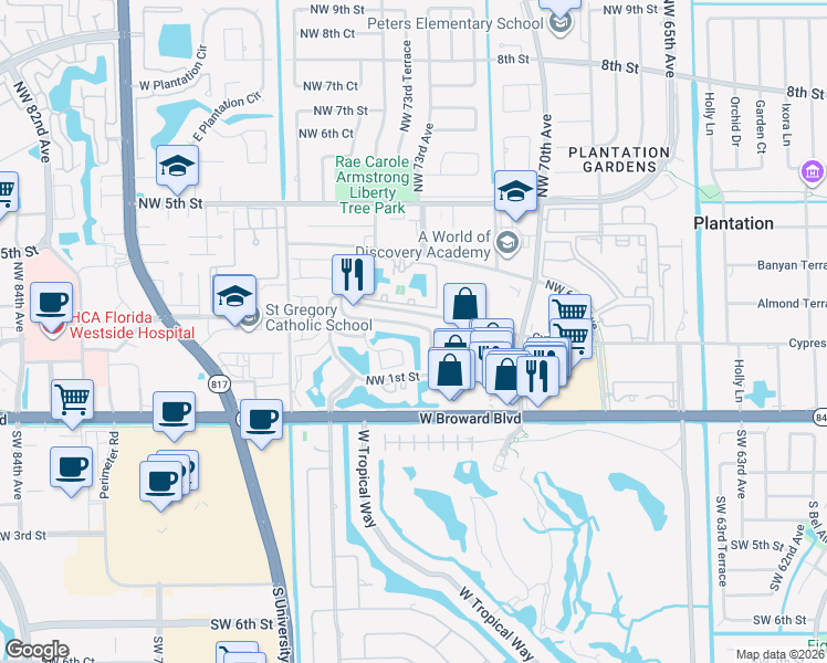 map of restaurants, bars, coffee shops, grocery stores, and more near 7246 Northwest 1st Manor in Plantation