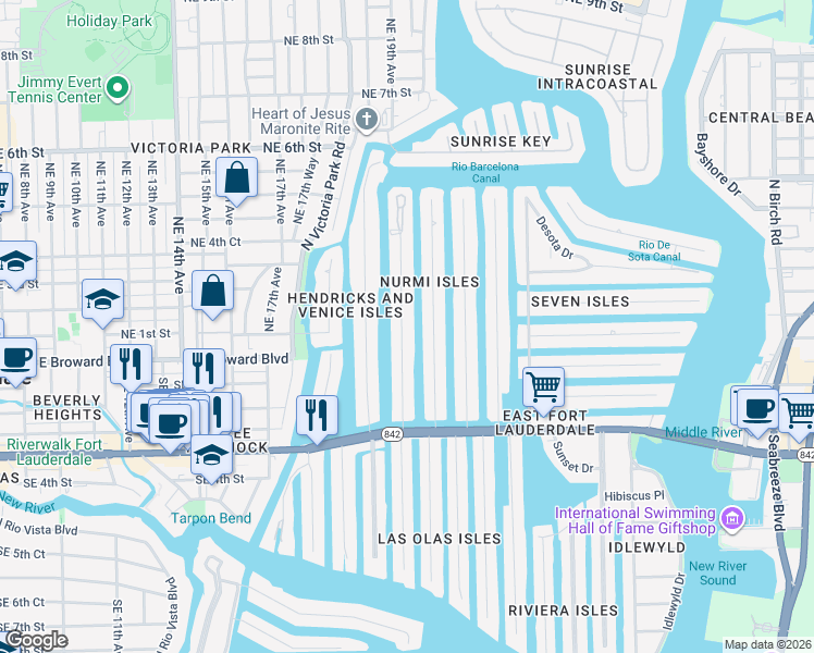 map of restaurants, bars, coffee shops, grocery stores, and more near 86 Isle of Venice Drive in Fort Lauderdale