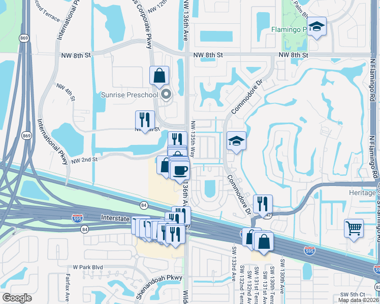 map of restaurants, bars, coffee shops, grocery stores, and more near 360 Northwest 135th Way in Plantation