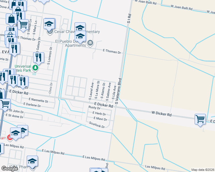 map of restaurants, bars, coffee shops, grocery stores, and more near 7006 South Sabino Avenue in Pharr