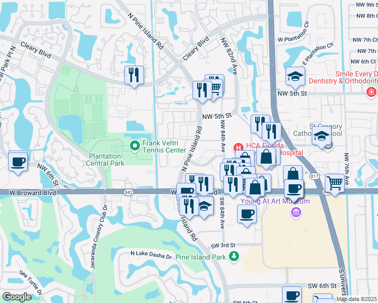 map of restaurants, bars, coffee shops, grocery stores, and more near 365 North Pine Island Road in Plantation
