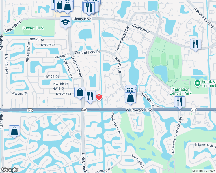 map of restaurants, bars, coffee shops, grocery stores, and more near 9877 Northwest 2nd Court in Plantation