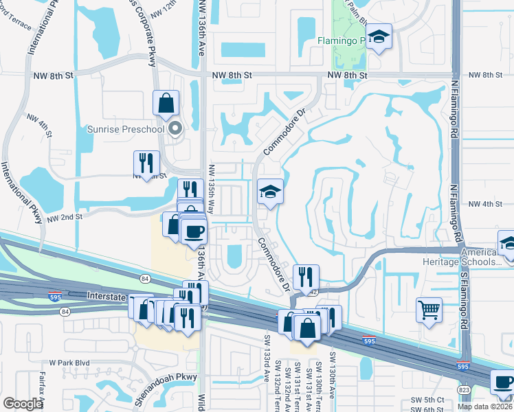 map of restaurants, bars, coffee shops, grocery stores, and more near 420 Commodore Drive in Plantation