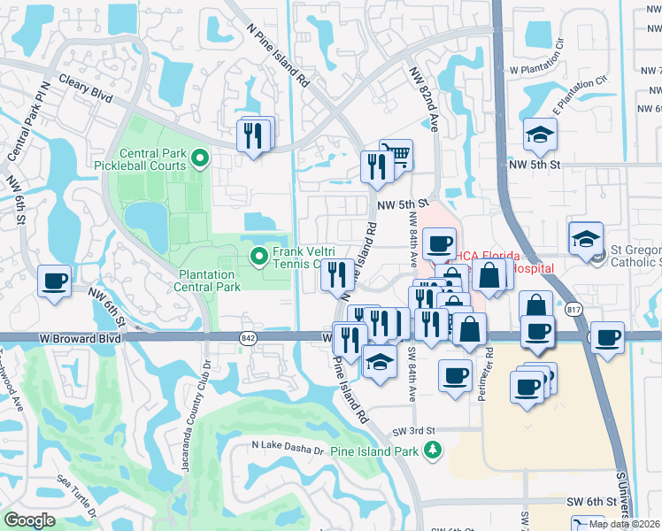 map of restaurants, bars, coffee shops, grocery stores, and more near 122 Northwest 3rd Court in Plantation