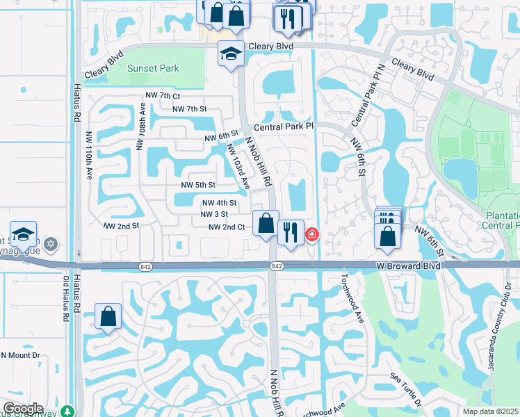 map of restaurants, bars, coffee shops, grocery stores, and more near 347 Northwest 102nd Terrace in Plantation