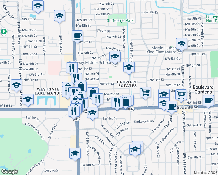 map of restaurants, bars, coffee shops, grocery stores, and more near 3630 Northwest 4th Street in Fort Lauderdale