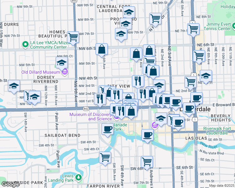 map of restaurants, bars, coffee shops, grocery stores, and more near 199 Northwest 4th Street in Fort Lauderdale