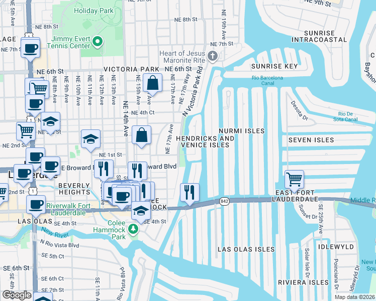 map of restaurants, bars, coffee shops, grocery stores, and more near 1737 Northeast 1st Street in Fort Lauderdale